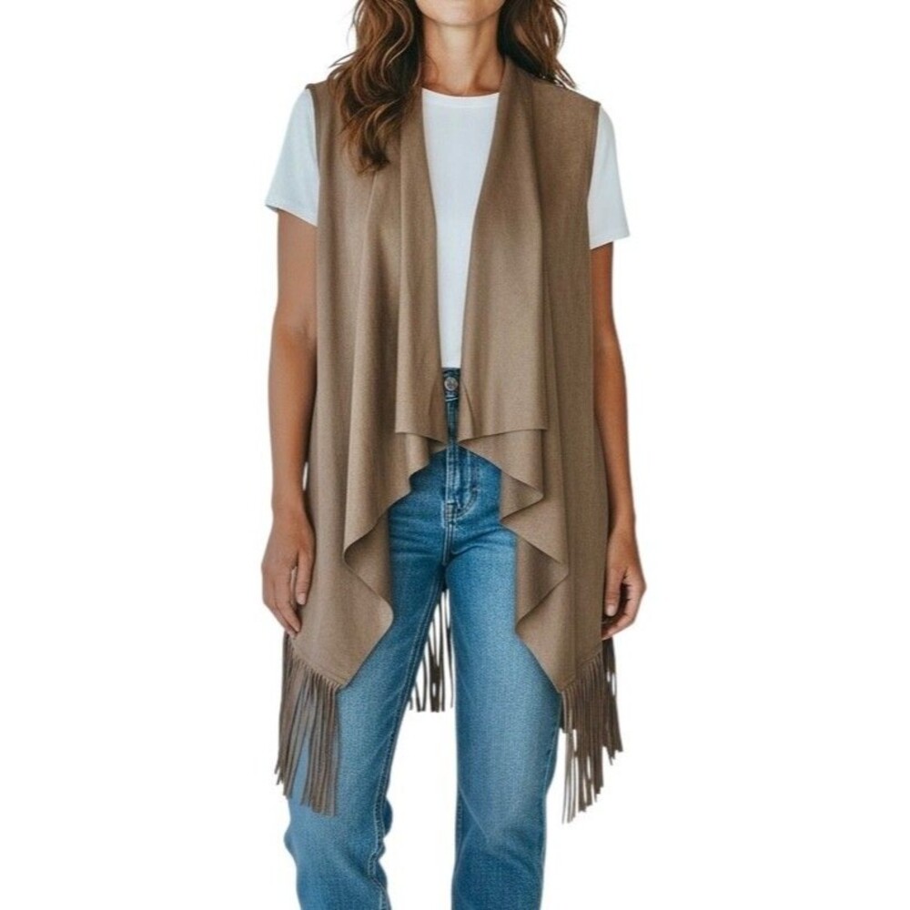 Women's Faux Suede Open Front Cardigan w/ Fringe, Lightweight Size M Tan Brown